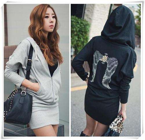 Gorgeous Leisure Wings Printed With Hood Dress - (Available in Black and Grey)